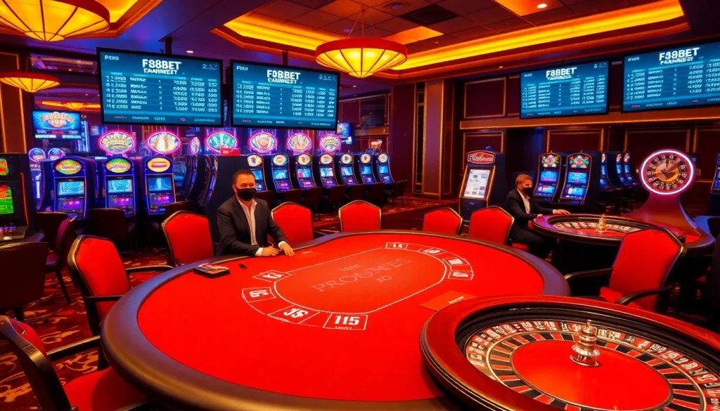 Experience high-stakes gambling at F8Bet with elegant casino tables and vibrant slot machines.
