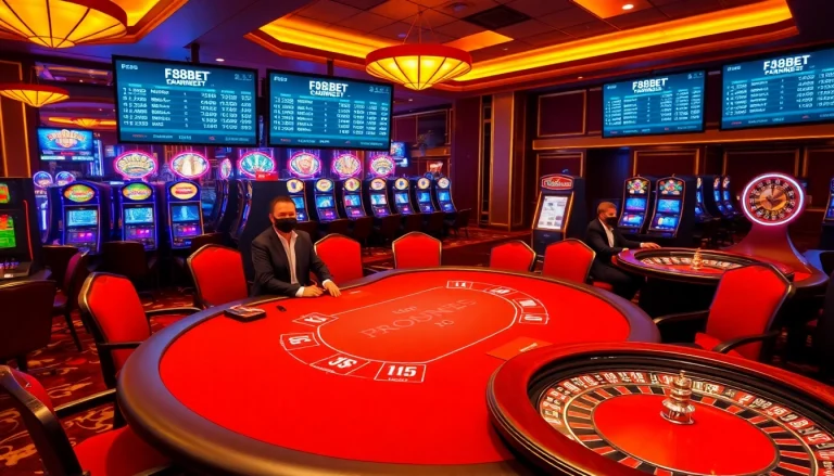 Experience high-stakes gambling at F8Bet with elegant casino tables and vibrant slot machines.