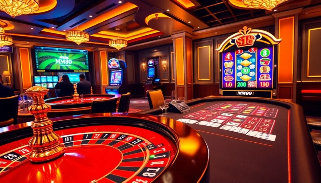 Experience high-stakes gaming at MM88's casino, featuring roulette wheels and blackjack tables.