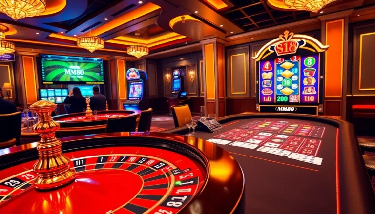 Experience high-stakes gaming at MM88's casino, featuring roulette wheels and blackjack tables.