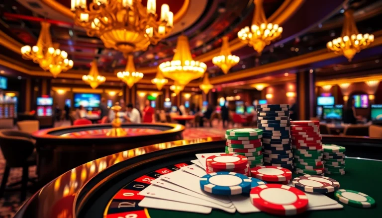 Experience the thrill of luck8 at a vibrant casino with poker chips, cards, and roulette tables.