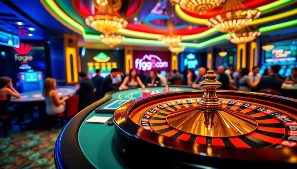 Experience the excitement of ffgg88.com with vibrant casino games and engaging players at a roulette table.