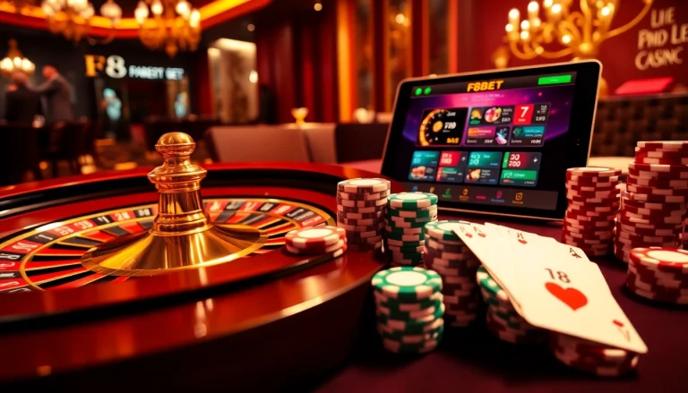 Engaging casino scene showcasing F8BET with poker chips and vibrant cards at a roulette table.