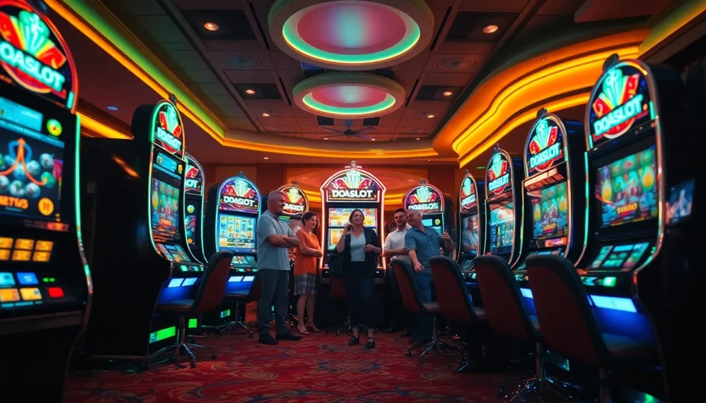 A lively casino scene featuring excited players at the doaslot slot machines, highlighting the thrill of gaming.
