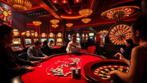 Exciting poker action and vibrant slot machines at okwin casino's luxurious gaming atmosphere.