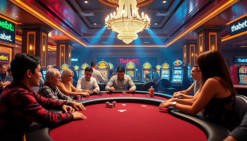 Players enjoying diverse games at thabet77.sa.com casino with vibrant atmosphere and engaging visuals.