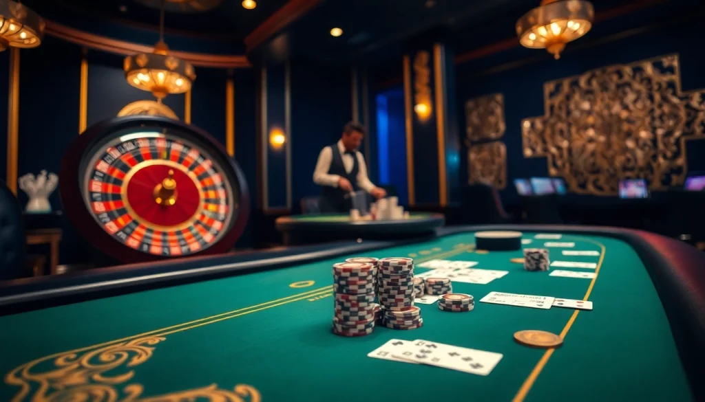 Experience thrilling gameplay with RR88's luxurious casino features, highlighting poker chips and roulette.