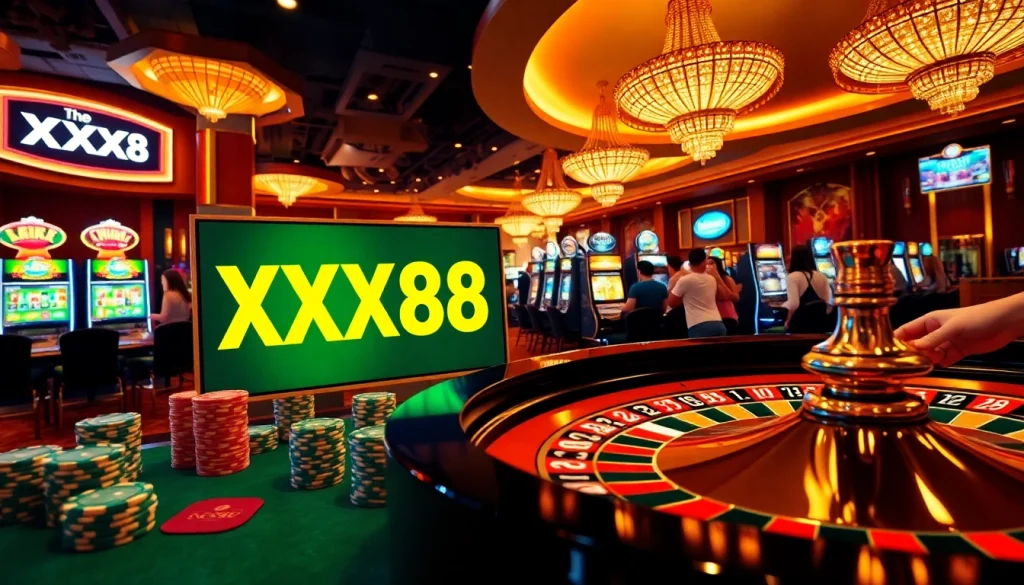 Engaging casino scene with players and XX88 branding showcases excitement in gambling.