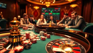 Experience excitement at urr88.com with a vibrant casino scene featuring roulette and poker games.