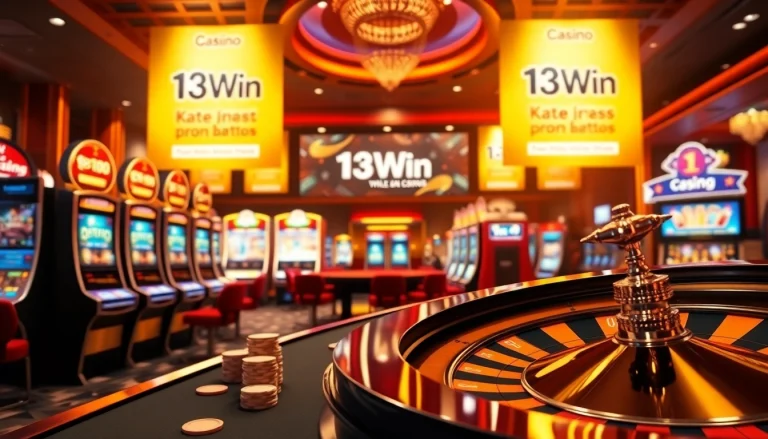 A thrilling gaming scene at 13Win casino showcasing luxurious slot machines and poker chips.