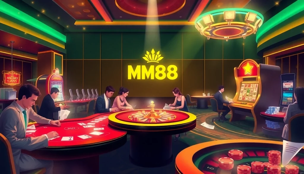 Experience thrilling gameplay at https://mm88.how/ with vibrant casino tables, chips, and slot machines.