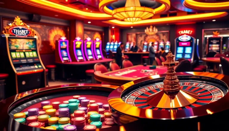 THABET casino scene with luxurious gaming tables, engaging dealer, and vibrant slot machines.