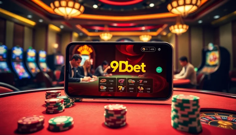 The 9Dbet App interface shines on a smartphone amidst a vibrant casino atmosphere with poker tables and slot machines.