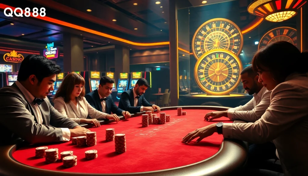 Players engaging in a high-stakes poker game at QQ888 casino table with vibrant slot machines in background.