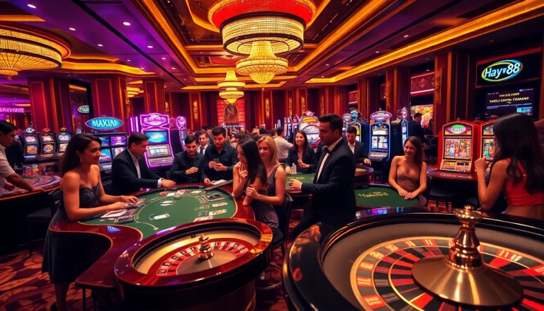 Gamblers enjoying an exciting game of blackjack at Hay88's luxurious casino.