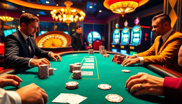 Players engaging in an exciting poker game highlighted on https://nhandinhkeonhacai.news/, surrounded by vibrant casino elements.