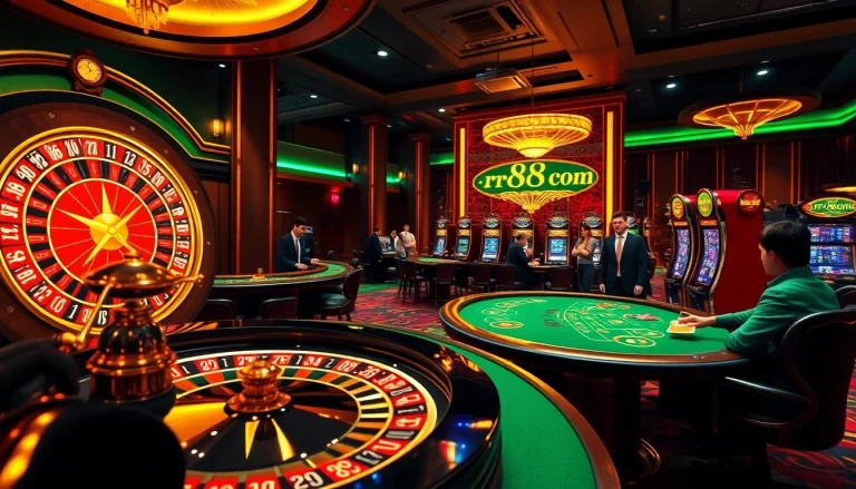 Gambling enthusiasts play at the luxurious RR88COM casino, featuring a vibrant roulette wheel and elegant poker tables.