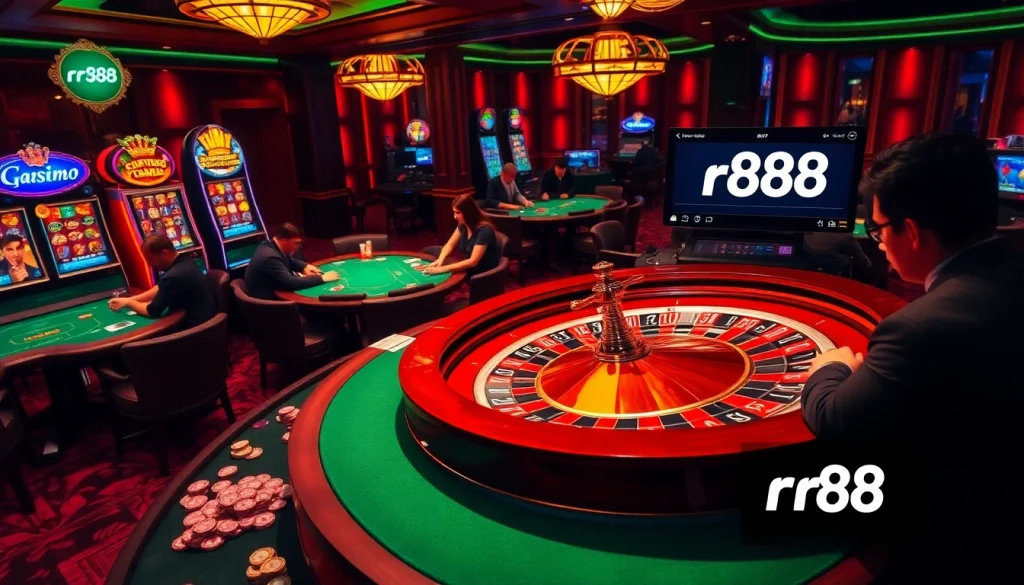 Players enjoying thrilling casino games at rr88, featuring vibrant tables and exciting slot machines.