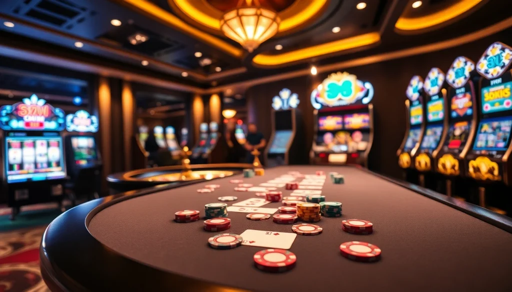 Gamblers enjoying a lively poker game at a 33win casino table with colorful chips and cards.