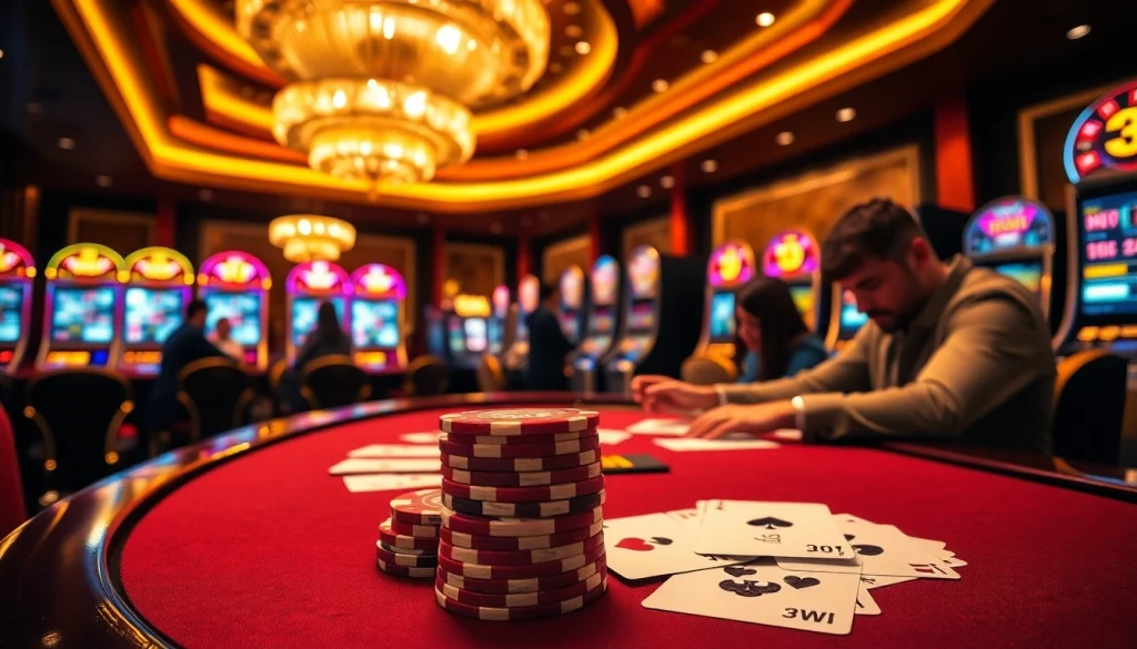 Experience the excitement at 33WIN with luxurious poker chips and vibrant casino tables.