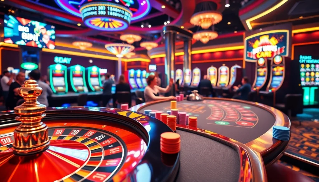 8DAY casino scene with exciting roulette wheel and engaged poker players.