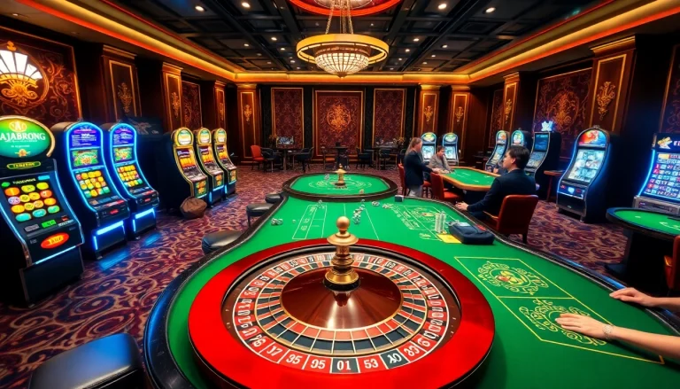 Experience exciting gameplay with RAJABARONG at a luxurious casino filled with roulette tables and vibrant slot machines.