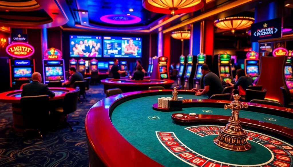 Experience the excitement of 688V with vibrant casino tables and lively players engaged in various games.