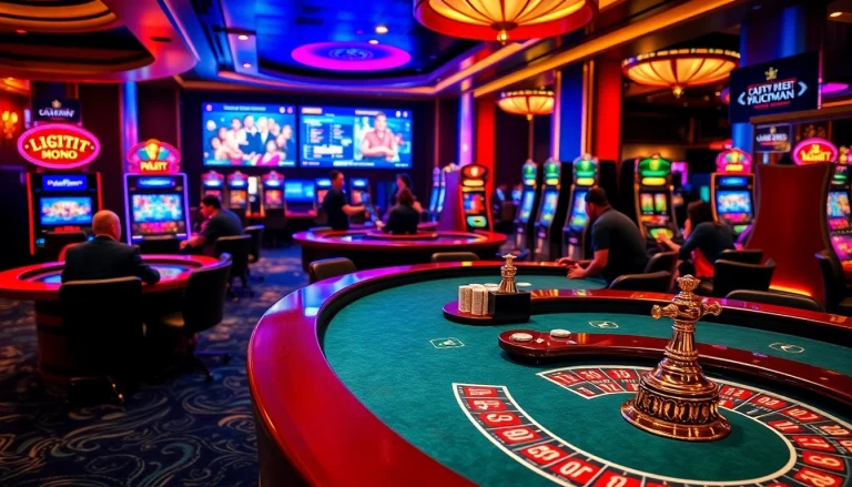 Experience the excitement of 688V with vibrant casino tables and lively players engaged in various games.