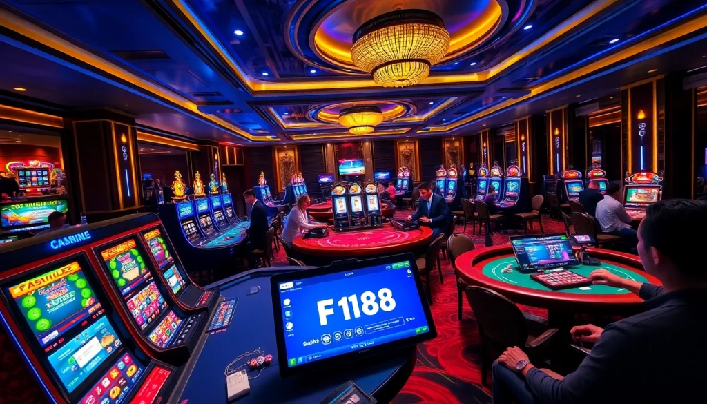 Experience thrilling gameplay at F168 with an exciting casino atmosphere filled with games and vibrant decor.