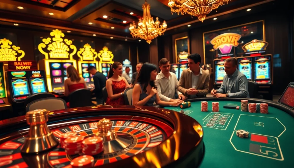 Players enjoying a thrilling casino experience at https://99win1.us.com/ with poker chips and roulette.