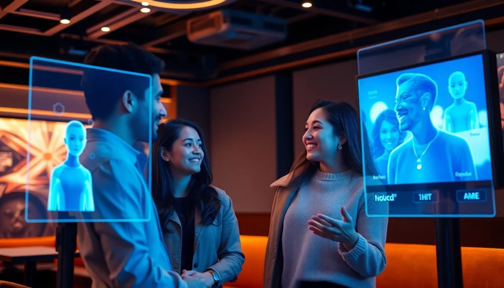 Engaging AI sex chat interaction in a futuristic digital lounge with diverse users.
