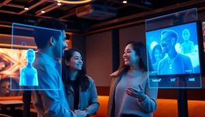 Engaging AI sex chat interaction in a futuristic digital lounge with diverse users.
