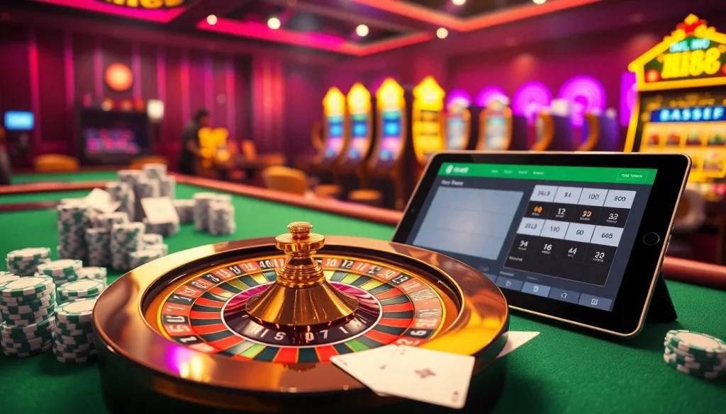 Experience the excitement of gambling with Hi88 at a stunning casino scene showcasing roulette, poker, and games.