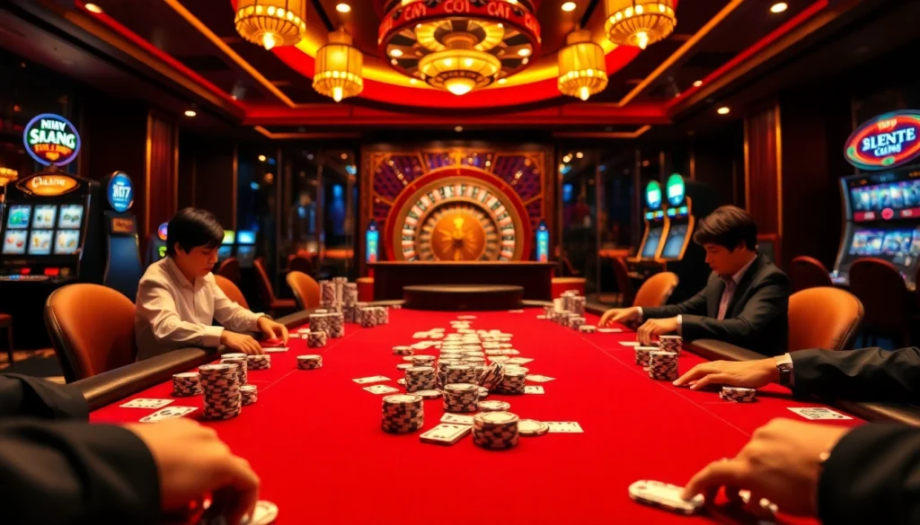 Action at the poker table showcasing Top 10 Nhà Cái Uy Tín with vibrant chips and cards.