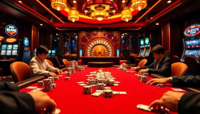 Action at the poker table showcasing Top 10 Nhà Cái Uy Tín with vibrant chips and cards.