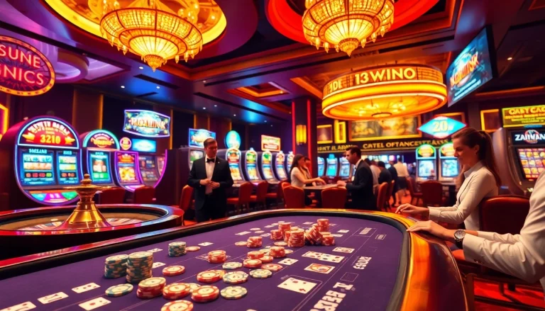 Players enjoying thrilling gambling action at 13win casino with vibrant gaming tables and slot machines.