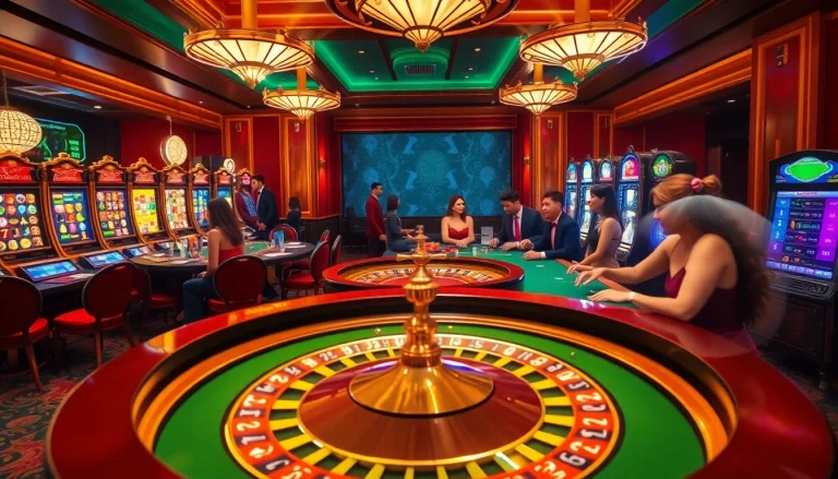 Experience thrill and excitement at https://rr88.se.net/ in a luxury casino scene with poker tables and roulette wheel.