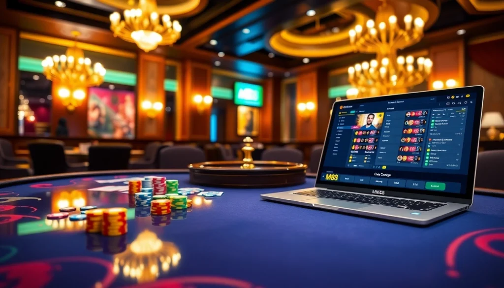 MM88 poker table with vibrant chips and cards, showcasing online betting excitement