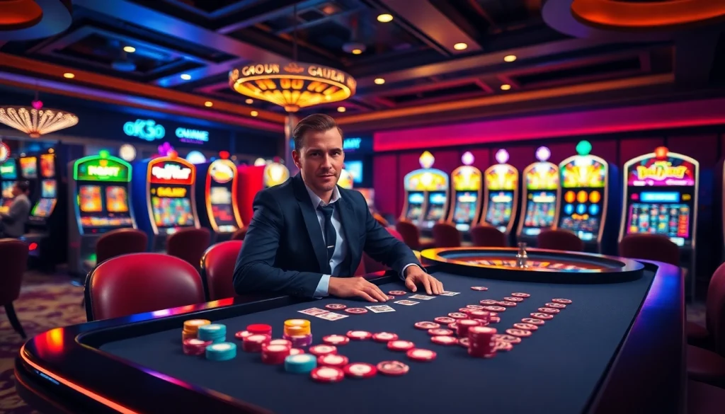 Engaging scene at ok8386.com casino with poker table, chips, and slot machines.