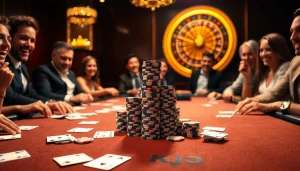 KJC casino experience with players enjoying a vibrant game table filled with poker chips and cards.