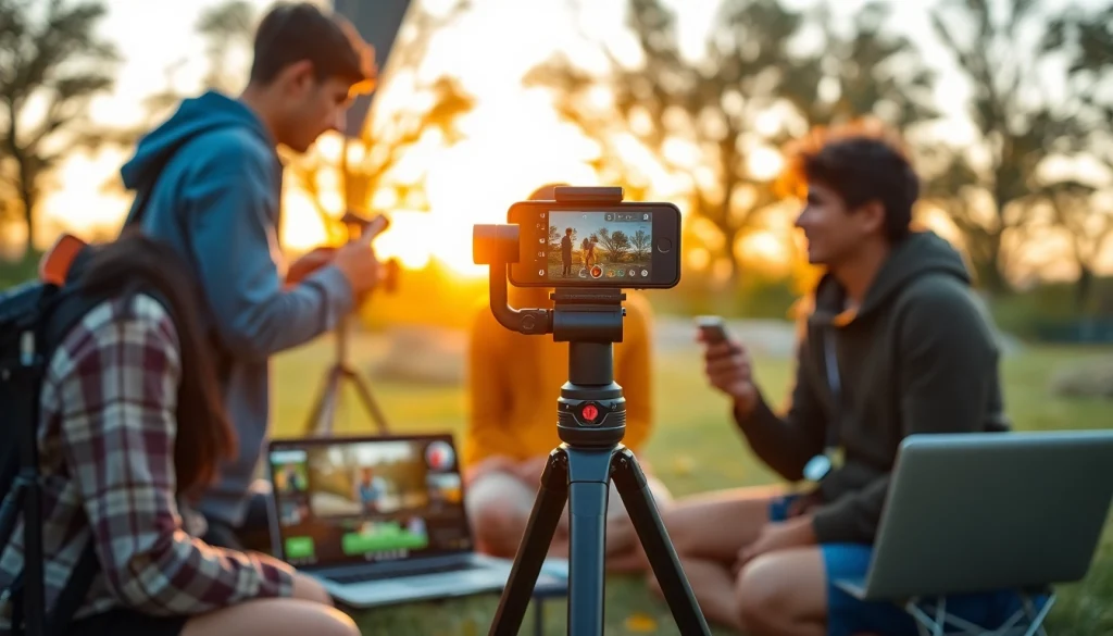 Filmmakers using a smartphone-gimbal for content creation in a warm outdoor setting.