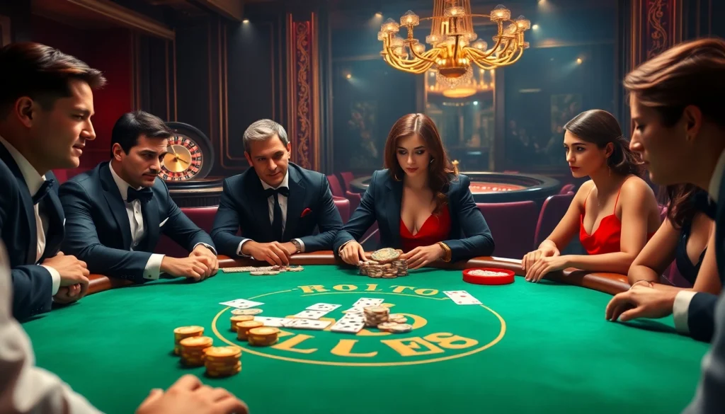 Hello88 casino scene featuring a high-stakes poker game with elegantly dressed players and vibrant chips.