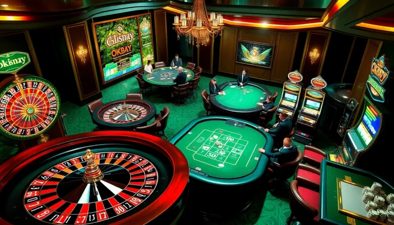 Experience the thrill of elite gambling at okbay's luxurious casino featuring poker tables, roulette wheels, and stunning slot machines.