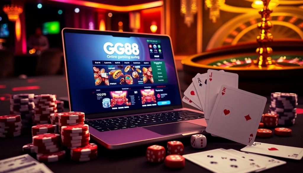 Experience the thrill of GG88 with vibrant casino elements like poker chips and roulette wheels.