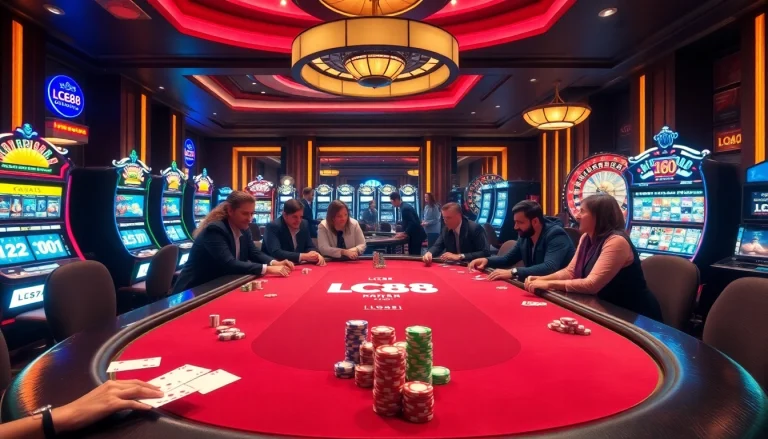 Join the excitement of winning at LC88's vibrant casino with poker chips and cards in a luxurious setting.