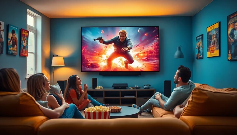 Friends enjoying a movie night at home, showcasing the thrill of filme watching.