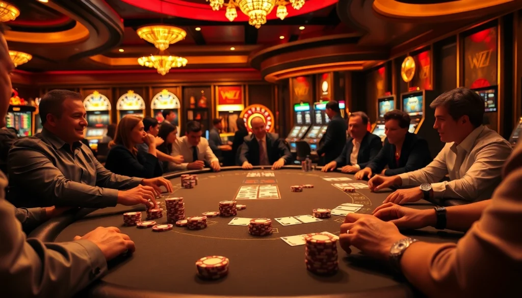 Engaging players enjoying a game of poker at Vaobet casino, with excitement and luxurious atmosphere.