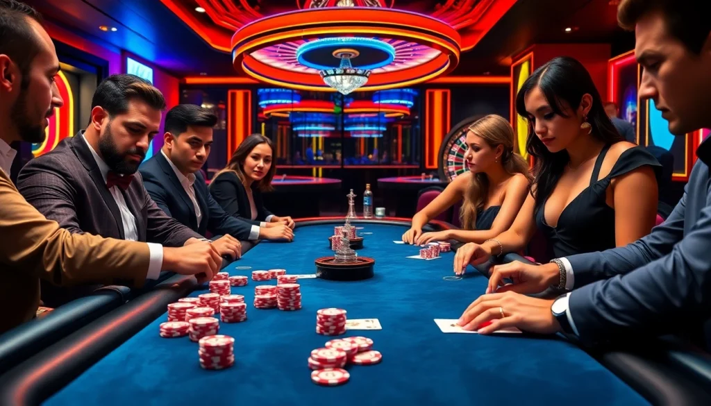 Players engaged in a thrilling high-stakes mm88 bet poker game with chips and cards on a luxurious table.