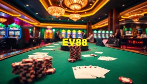 Experience the excitement of EV88 with vibrant slot machines and poker tables in a luxurious casino setting.