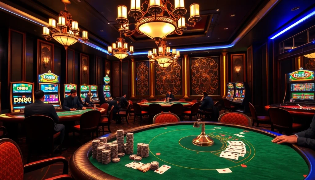 Gambling scene with DN88 poker chips and tables showcasing excitement in a luxury casino environment.